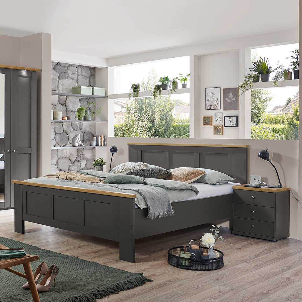 Landhaus Doppelbett Bien in Dunkelgrau und Eiche Bianco Made in Germany