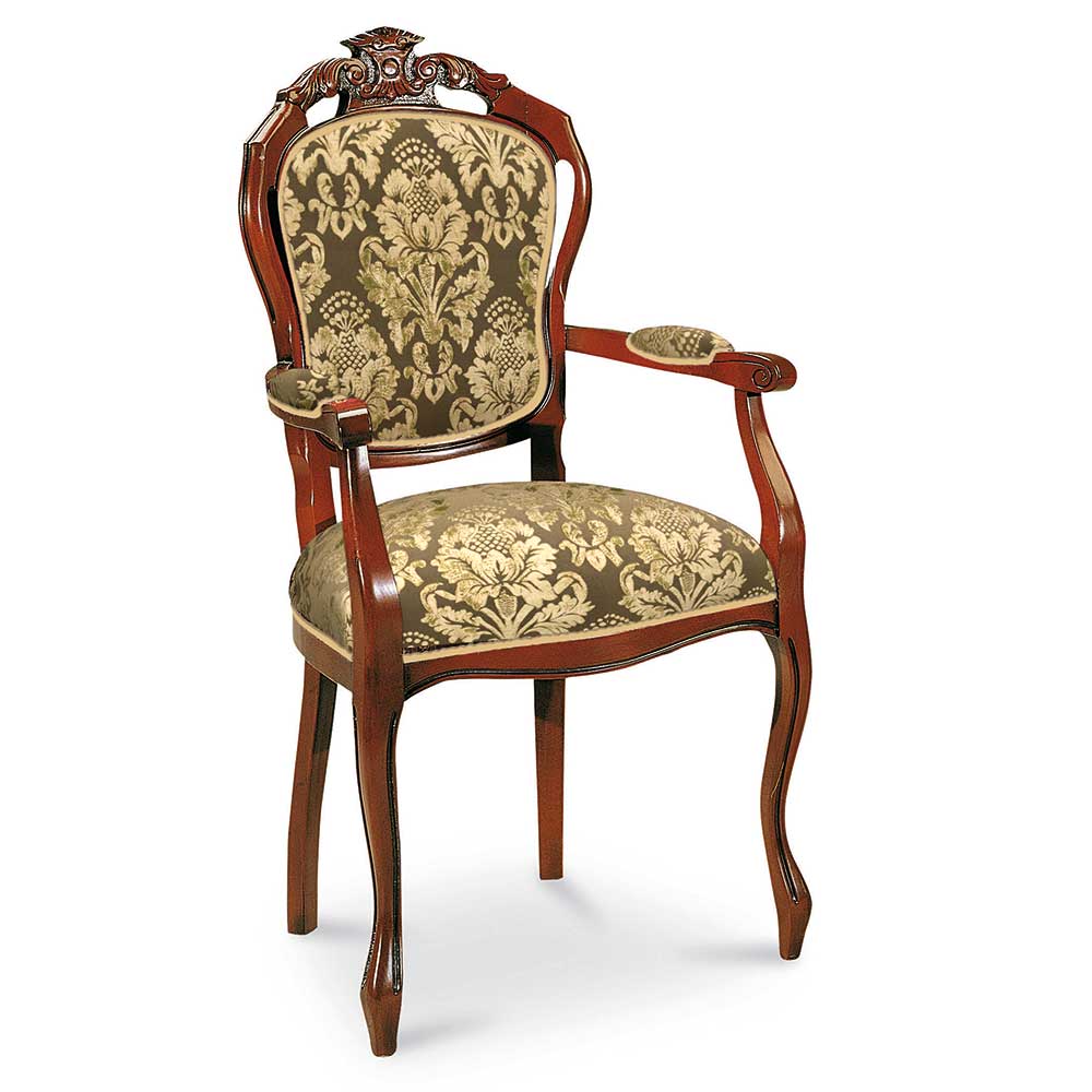 Armlehnstuhl Picanura in Nussbaumfarben Bezug Beige und Goldfarben