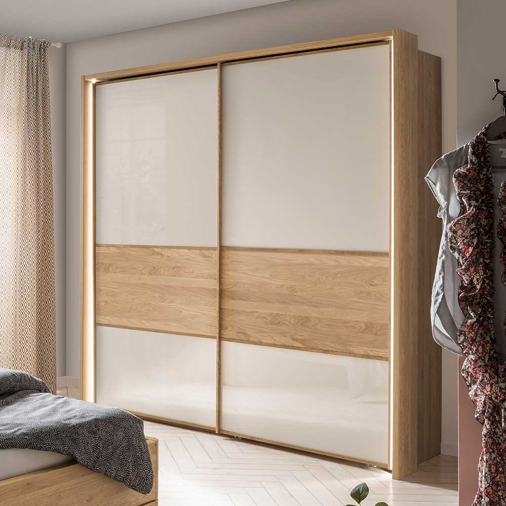 Schwebetürenschrank Veyfas in Beige Glas beschichtet und Eiche teilmassiv