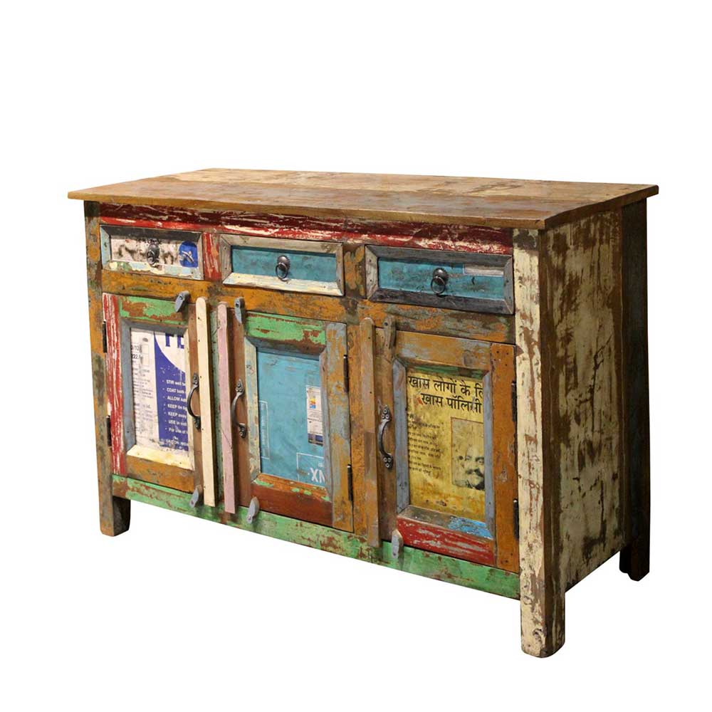 Shabby Chic Sideboard Jurcy aus Recyclingholz in Bunt