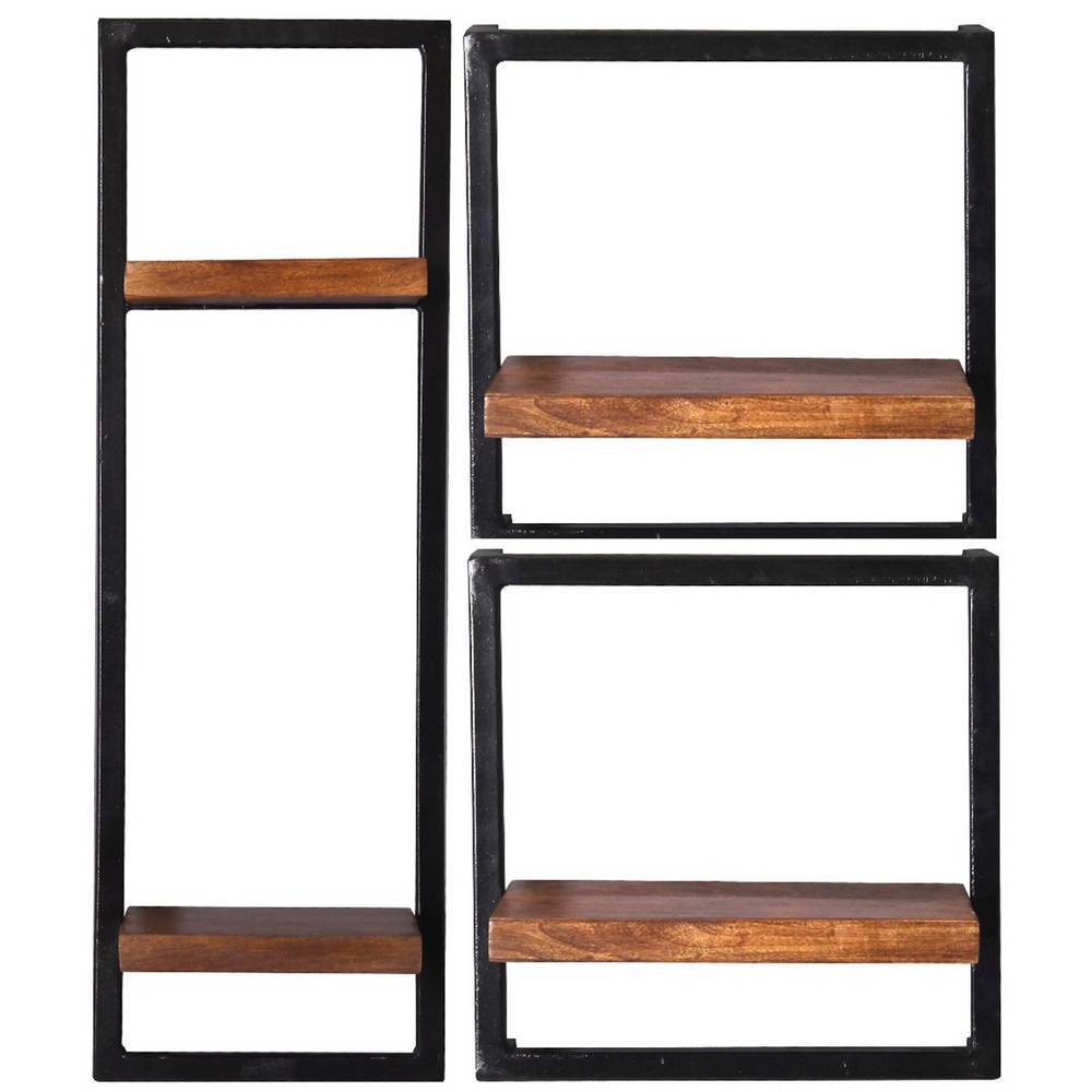 Drei Wand Regale Sovecca aus Mangobaum Massivholz und Metall (dreiteilig)