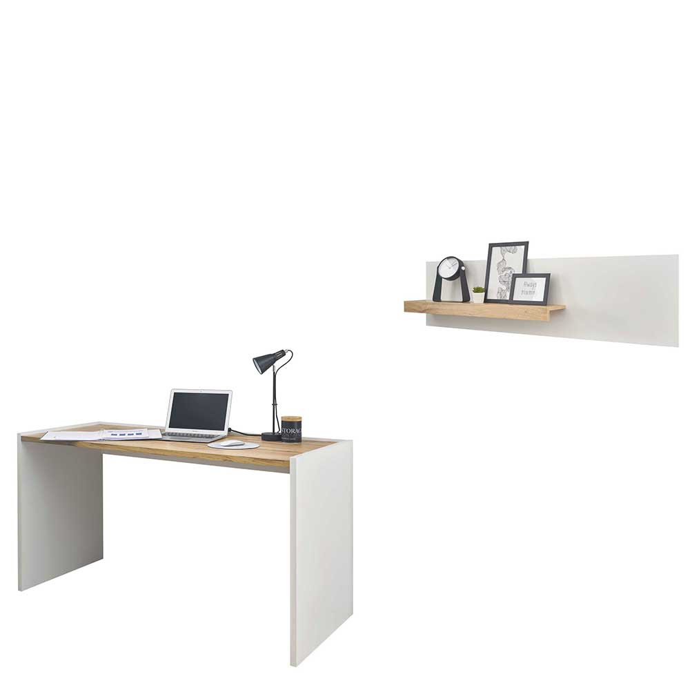 Schreibtisch mit Wandboard Rascian in Weiß und Wildeichefarben (zweiteilig)