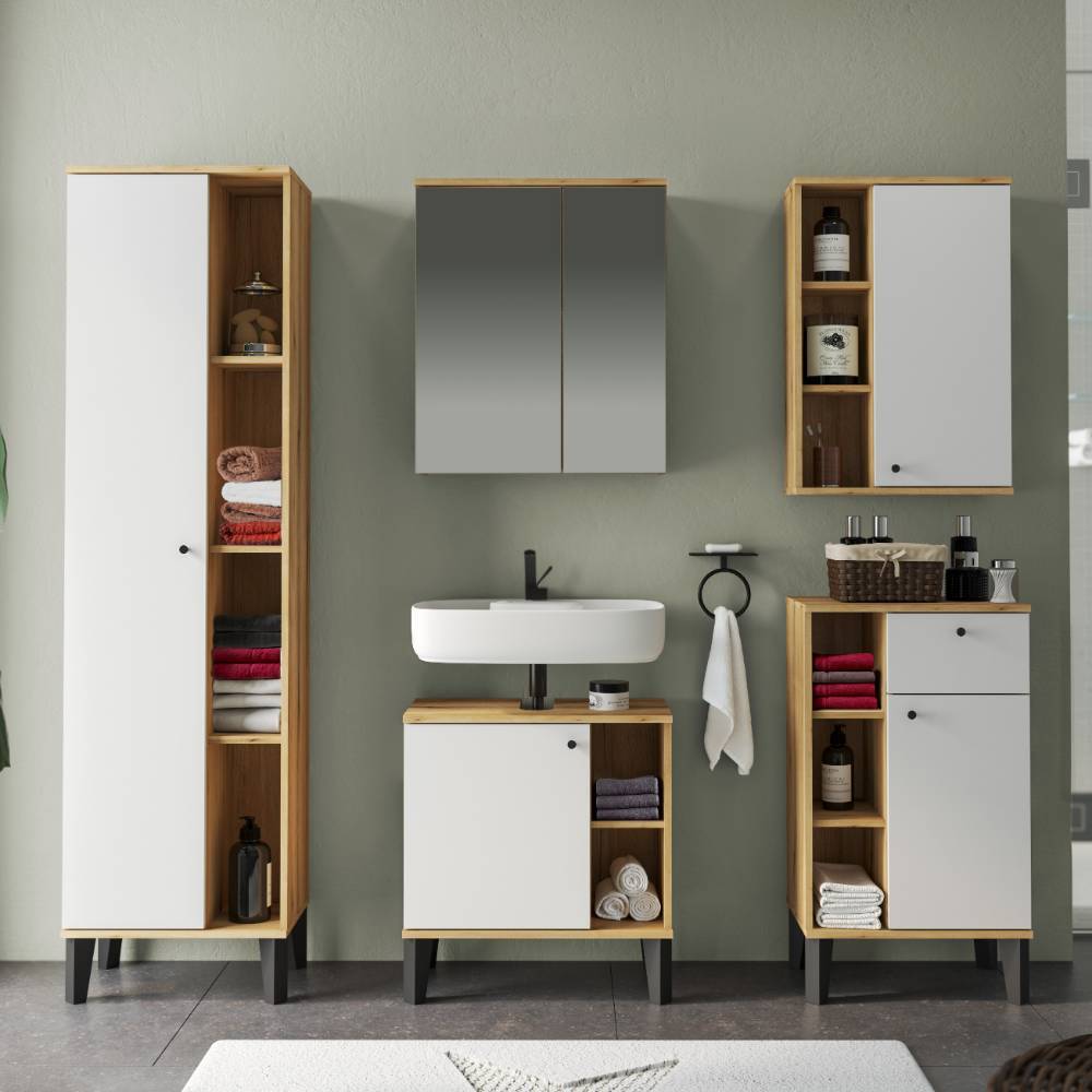Badezimmermöbel Set Zyret in Weiß und Wildeichefarben (fünfteilig)