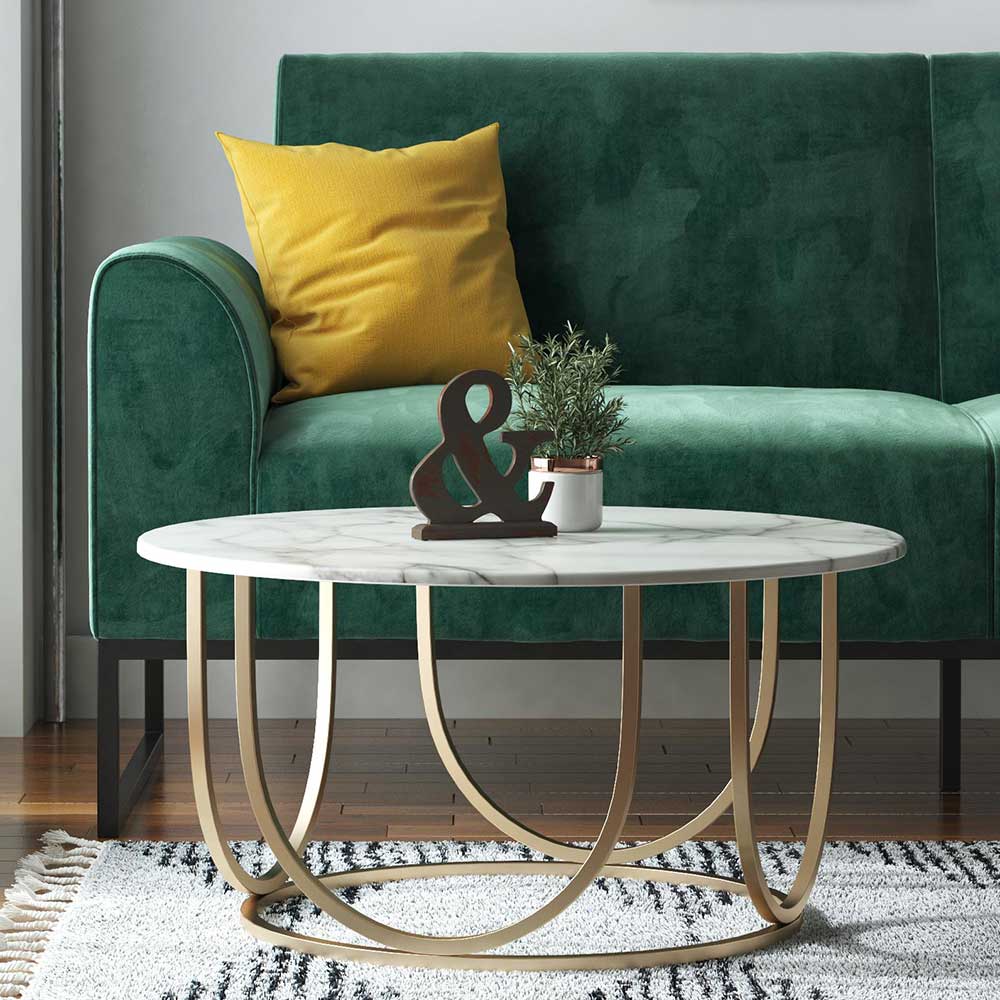 Runder Wohnzimmer Tisch Siparia in Marmor Optik und Goldfarben