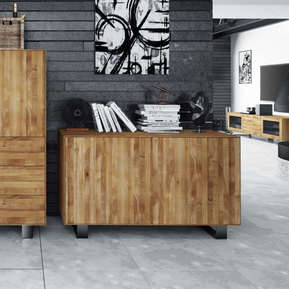 Wildeiche Sideboard Vaneri massiv geölt 2 türig Stahl