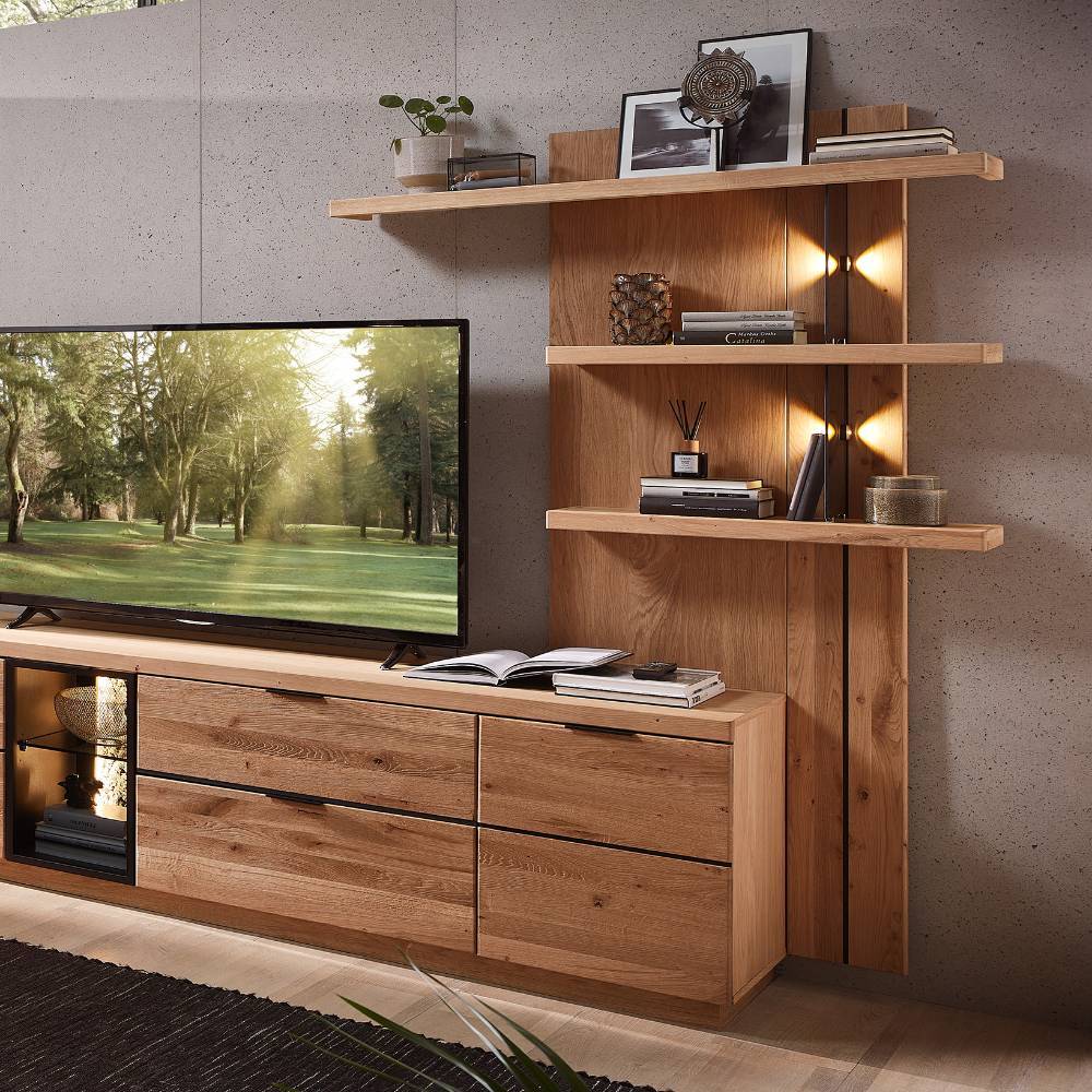 Wohnzimmer Regal Emly in Wildeiche Bianco mit Rückwand