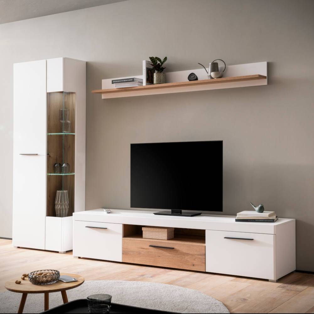 Wohnzimmer Anbauwand Vrenessa in Weiß matt und Eichefarben (dreiteilig)