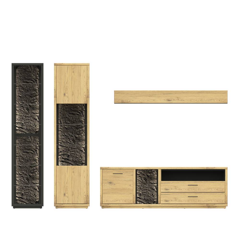 Wohnzimmerwand modern Ostoro in Wildeiche Bianco 206 cm hoch (vierteilig)