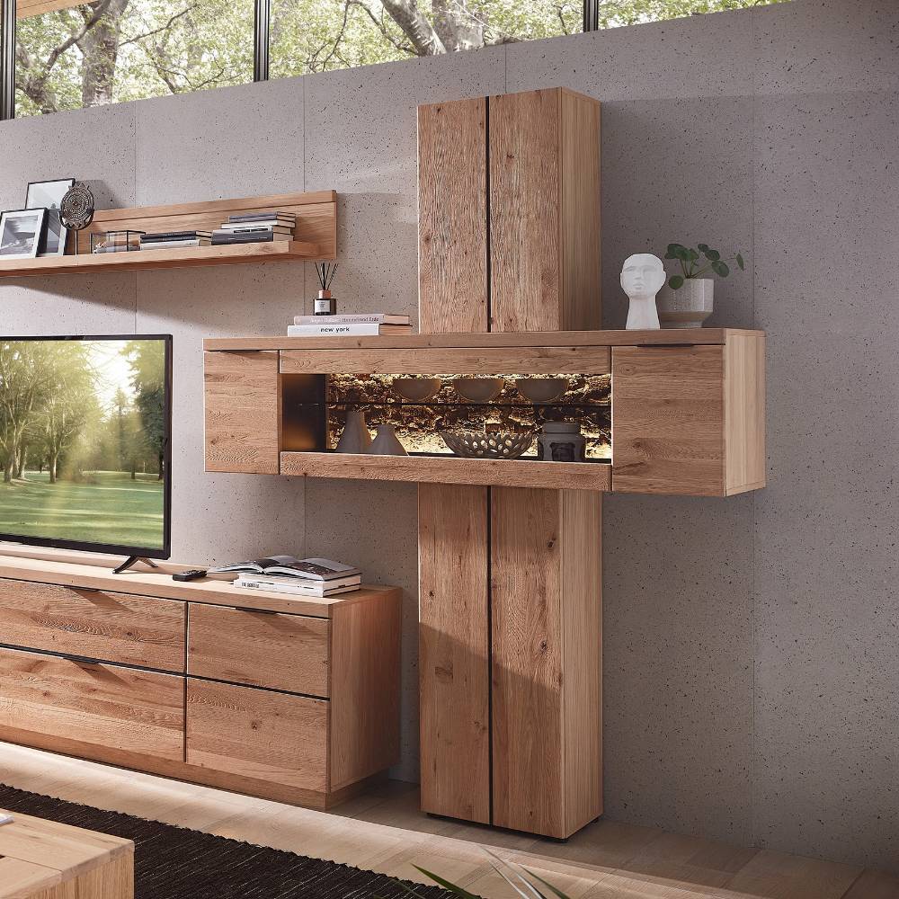 Wohnzimmervitrinenschrank Emly 203 cm hoch mit Massivholz Türen