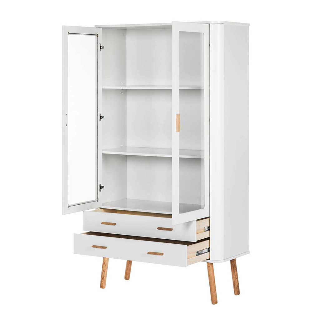 Schrank Vitrine Masuyo im Skandi Design in Eichefarben und Weiß