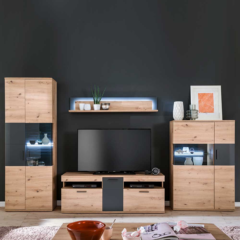 Anbauwand Lucisa in Eiche Optik und Anthrazit 330 cm breit (vierteilig)