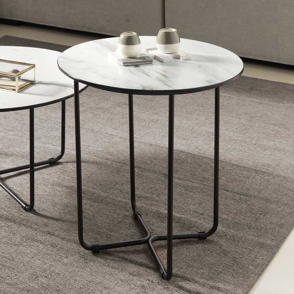 Wohnzimmer Tisch Surie mit Glasplatte in Marmor Optik und Bügelgestell