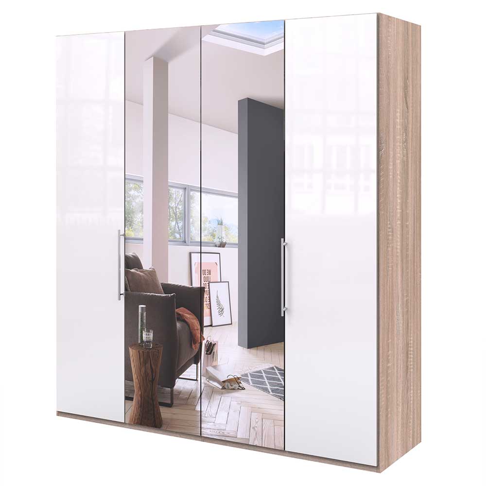 Premium Schlafzimmerschrank Andryas in Weiß und Eiche Sägerau mit Spiegel