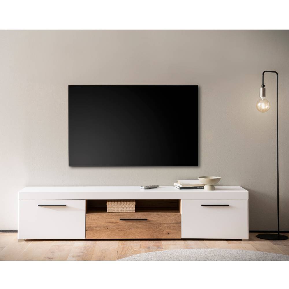 TV Lowboard Vrenessa in Weiß & Eichefarben mit einem offenen Gerätefach