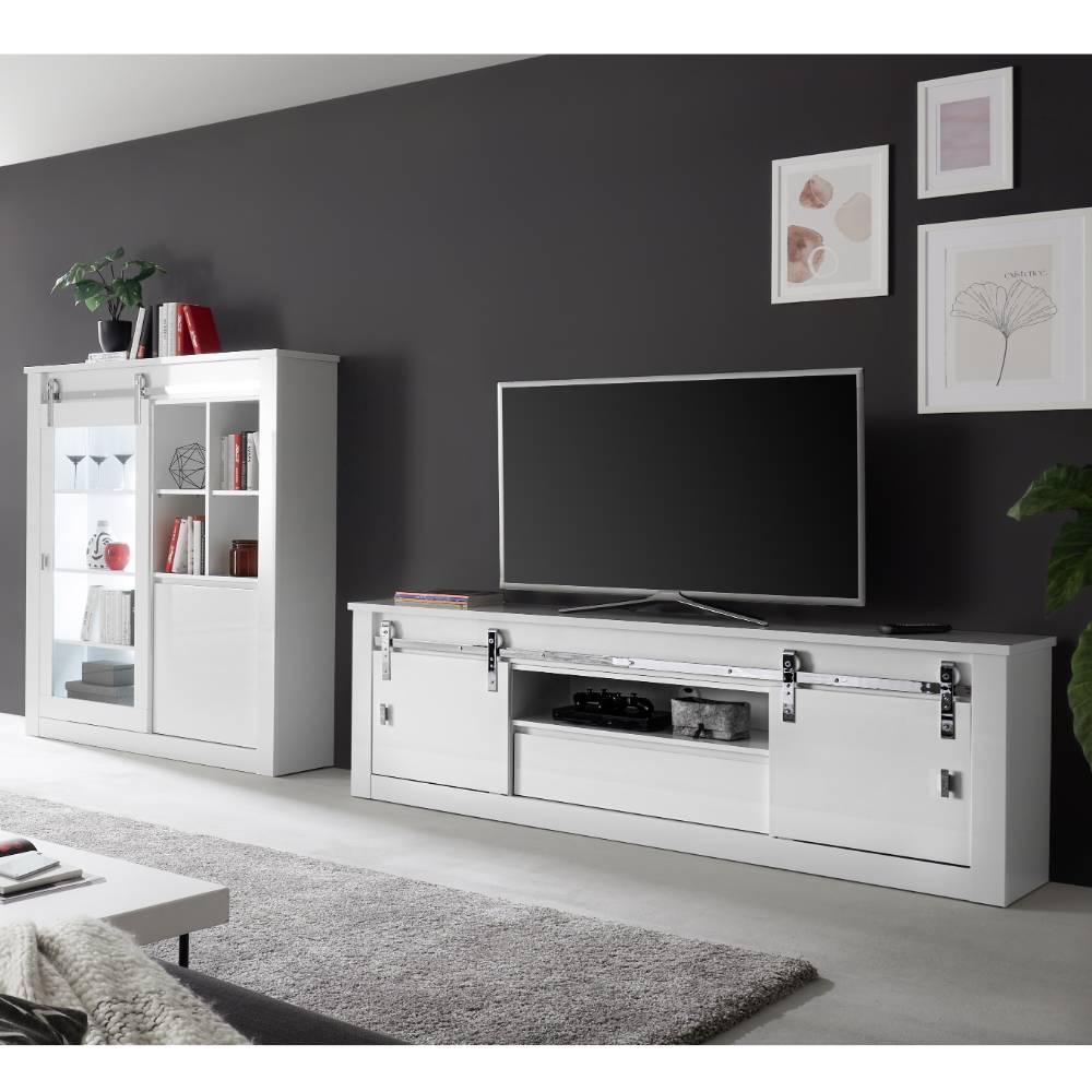 Design Wohnwand Melvyno in Weiß Front Hochglanz (zweiteilig)