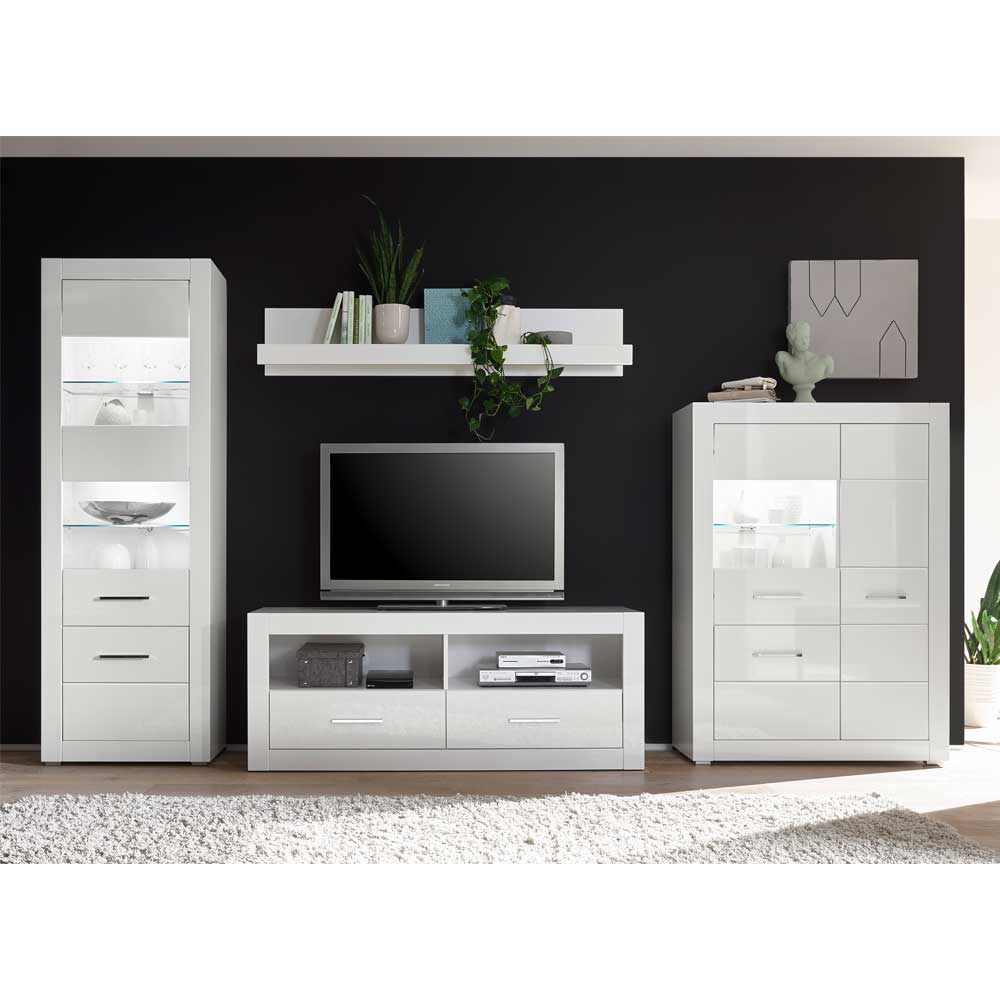 Wohnzimmer Schrankwand Triango in Weiß Hochglanz modern (vierteilig)