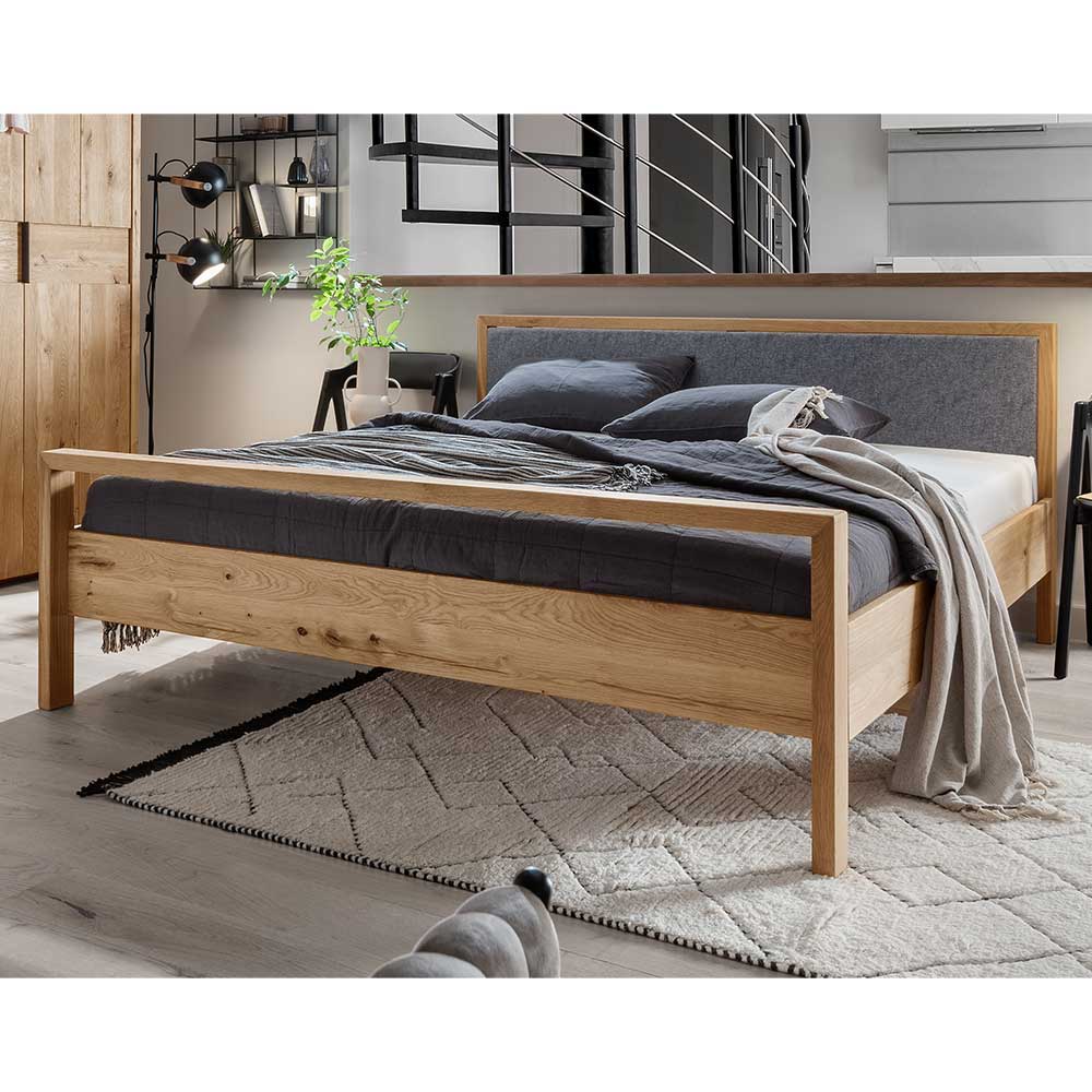 Doppelbett Wildeiche Snoba mit Polsterkopfteil in Grau