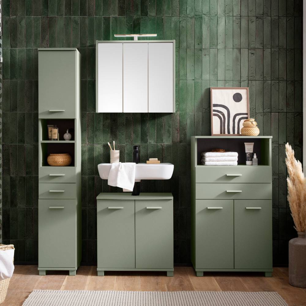 Hochschrank Jump mit einem offenen Fach und Metallgriffen