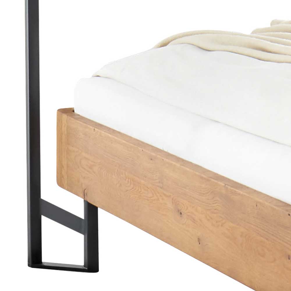 Loft Stil Himmelbett Refeugi aus Wildeiche Massivholz und Metall 200 cm hoch