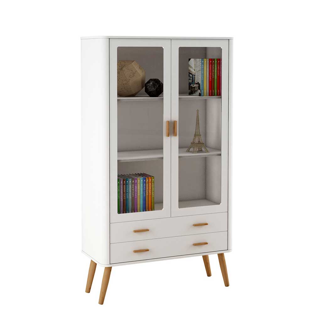 Schrank Vitrine Masuyo im Skandi Design in Eichefarben und Weiß