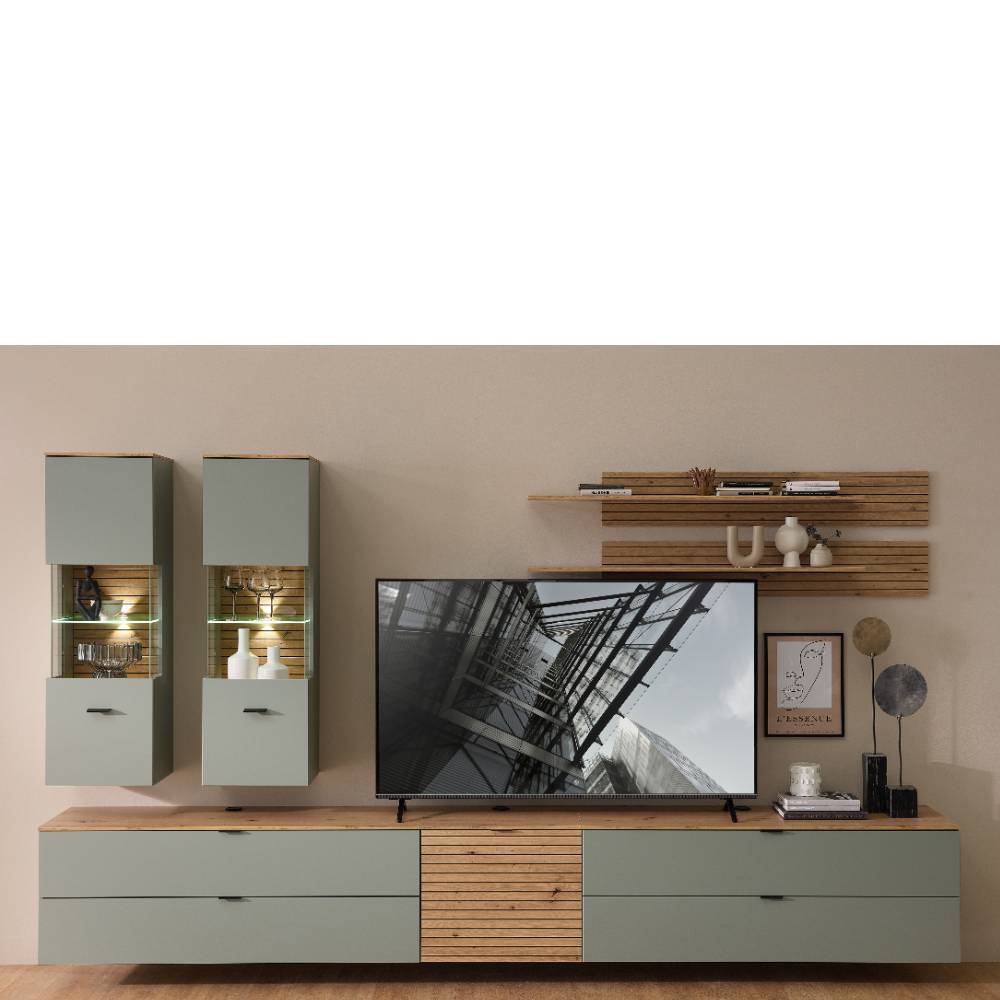 Wohnwand modern Ilitalcon in Graugrün 340 cm breit (siebenteilig)