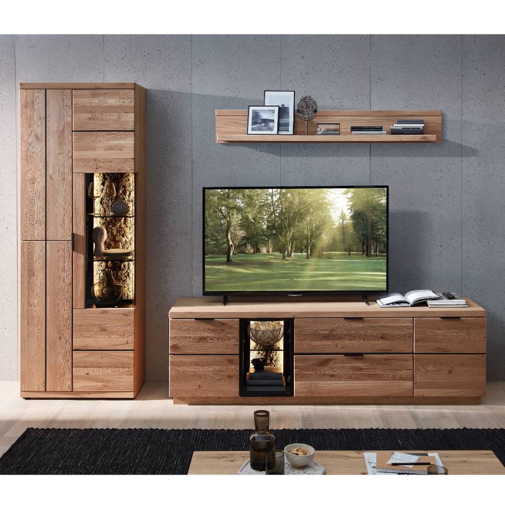 TV Wohnwand Emly in Wildeiche Bianco mit teilmassiver Oberfläche (dreiteilig)