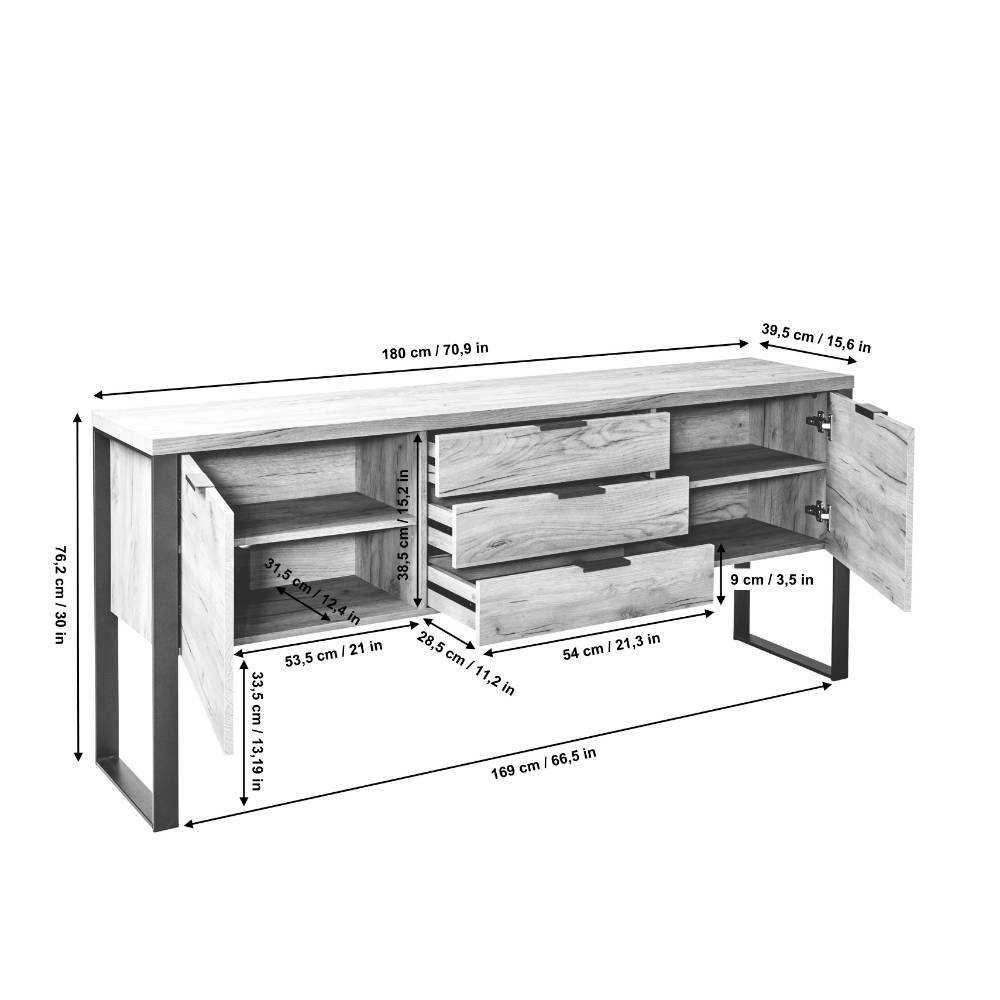 Sideboard Reymon im Industry und Loft Stil mit drei Schubladen