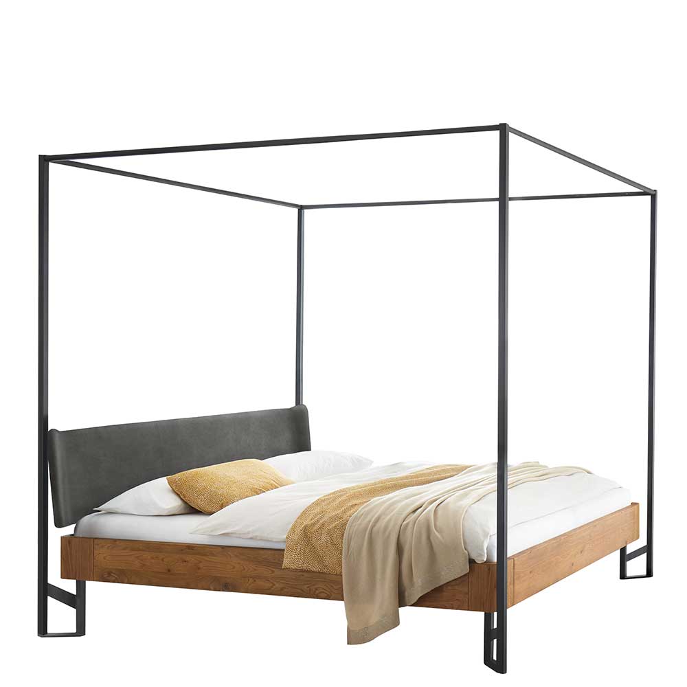 Loft Stil Himmelbett Refeugi aus Wildeiche Massivholz und Metall 200 cm hoch