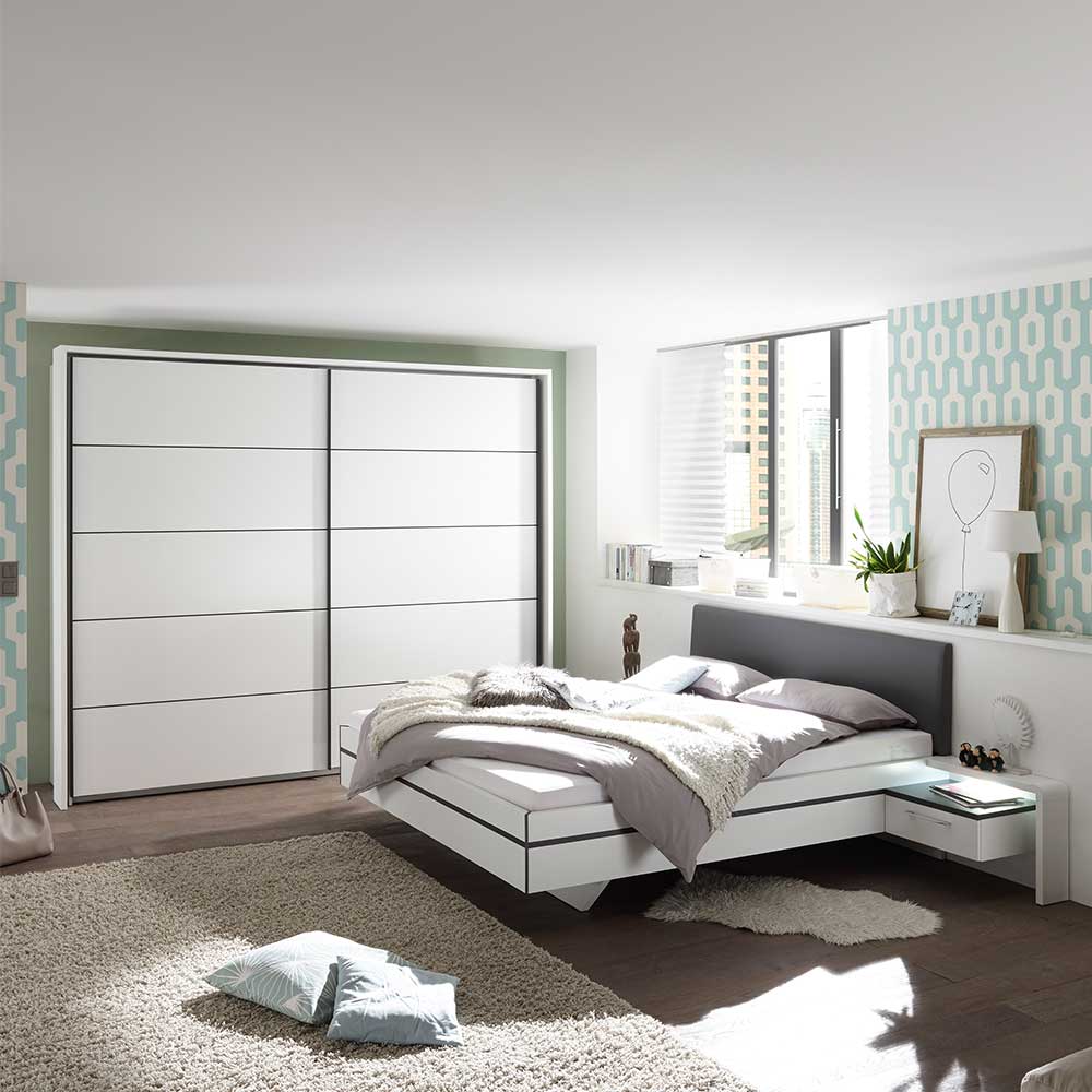 Schlafzimmer Set Caoran in Weiß und Anthrazit mit LED Beleuchtung (vierteilig)