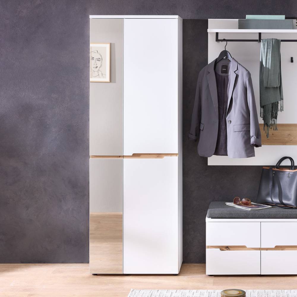 Dielenschrank Mariocavo in Weiß mit Spiegeltür