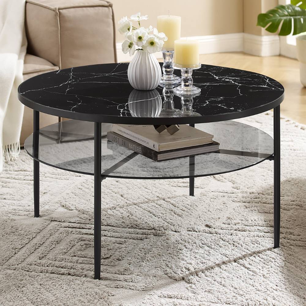 Couchtisch Sanfernada in runder Form aus bedrucktem Glas & Metall