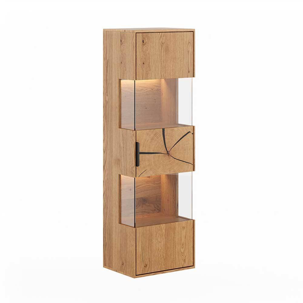Vitrine Tenna mit Hirnholz Applikation und LED Beleuchtung