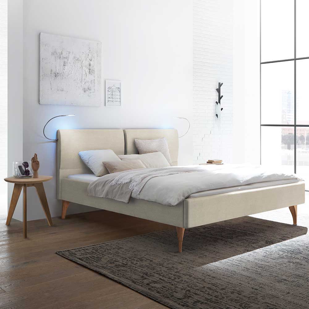 Stoffbett Beige Laan mit Vierfußgestell aus Holz in Eiche Bianco