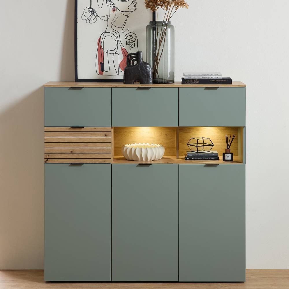 Wohnzimmer Highboard Ilitalcon in Graugrün mit zwei offenen Fächern