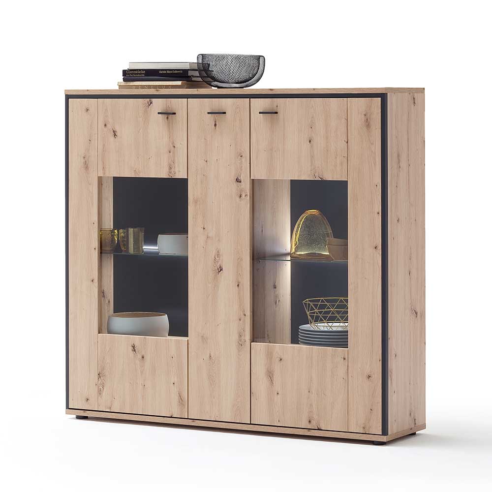 Highboard Vitrine Geronda in Anthrazit und Eiche Optik modern