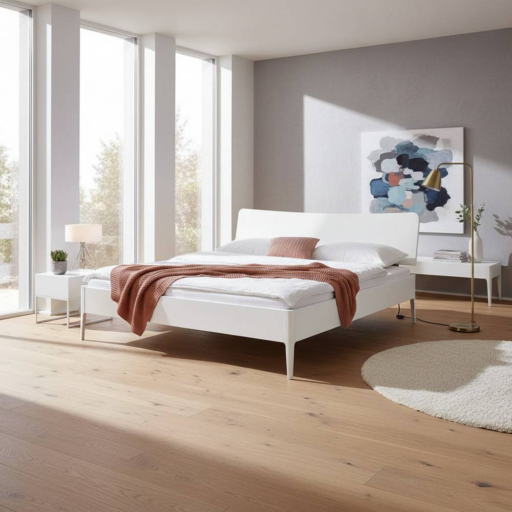 Stabiles Doppel Bett Moranna aus MDF in Weiß