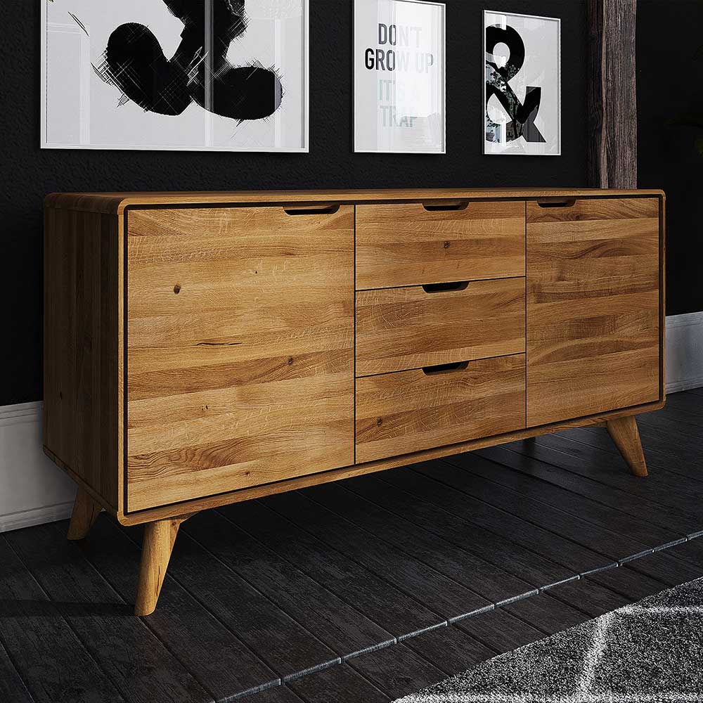 Massivholz Wohnzimmer Sideboard Vinial in Wildeichefarben mit drei Schubladen