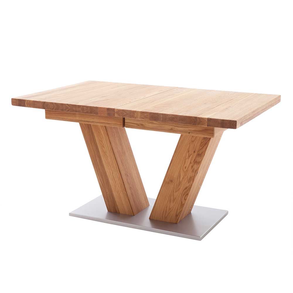 Ausziehbarer Holztisch Bratannio aus Wildeiche Massivholz mit V-Fußgestell