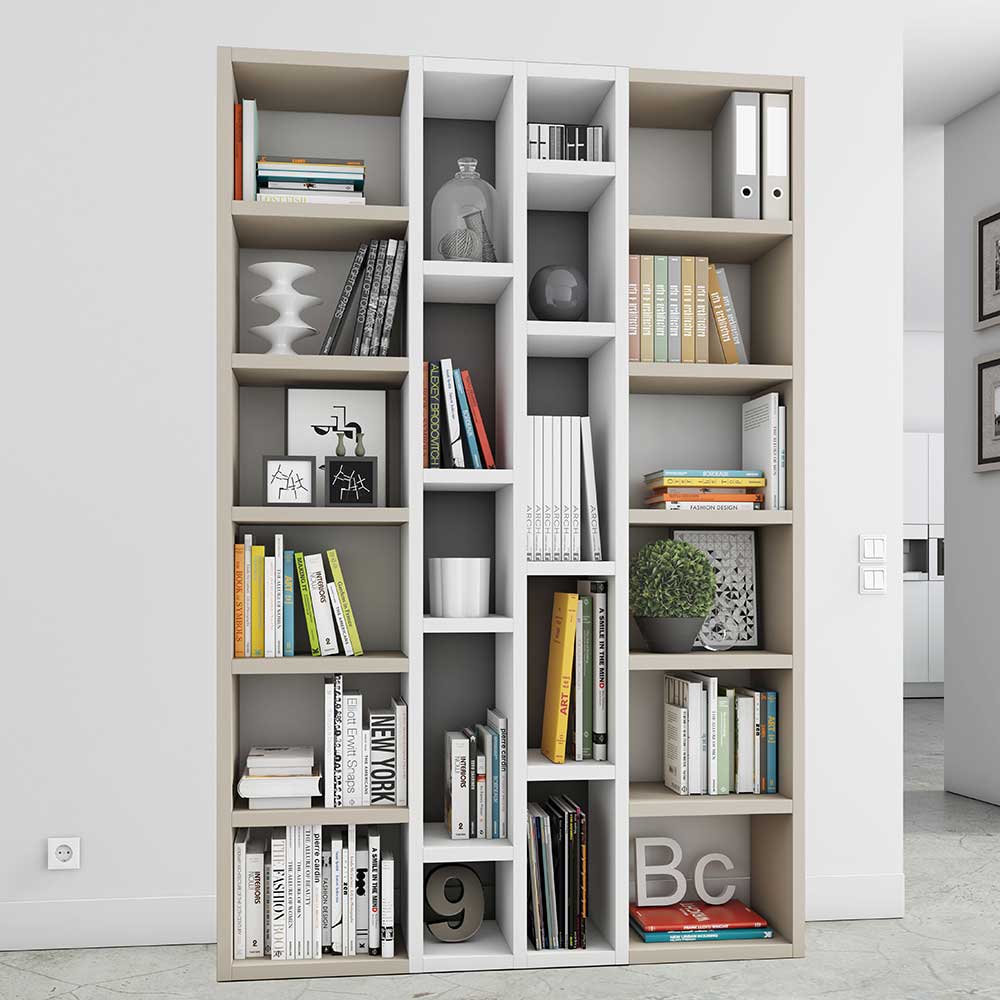 Design Bücherregal Flacono in Weiß und Beige 145 cm breit