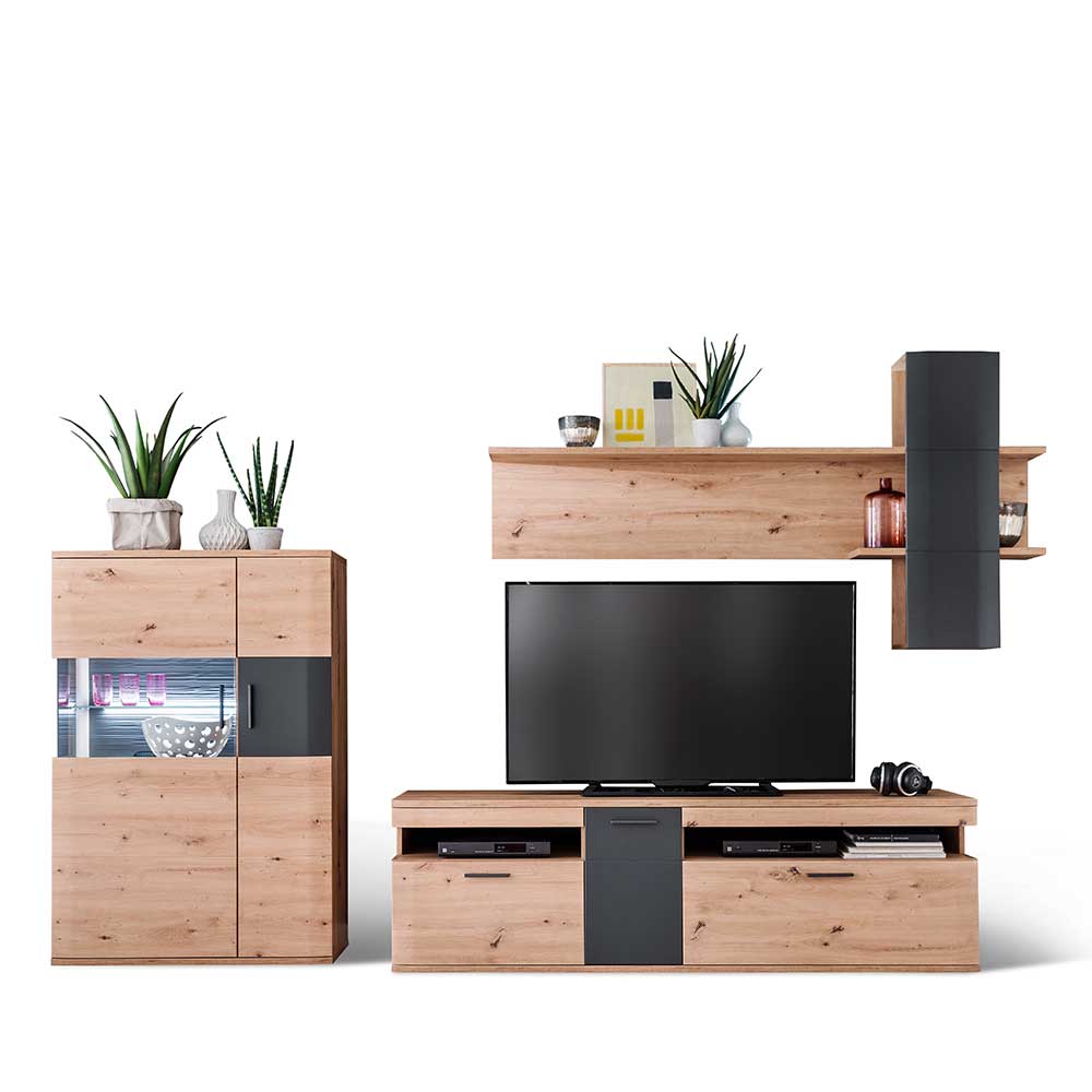 Wohnzimmer Anbauwand Lucisa in Eiche Optik und Anthrazit 310 cm breit (dreiteilig)
