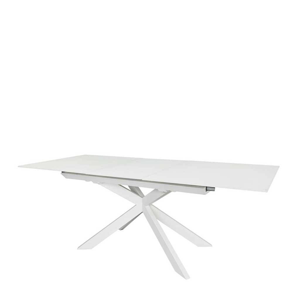 Weißer Esszimmer Tisch Lavine mit Glasplatte und Metallgestell ausziehbar