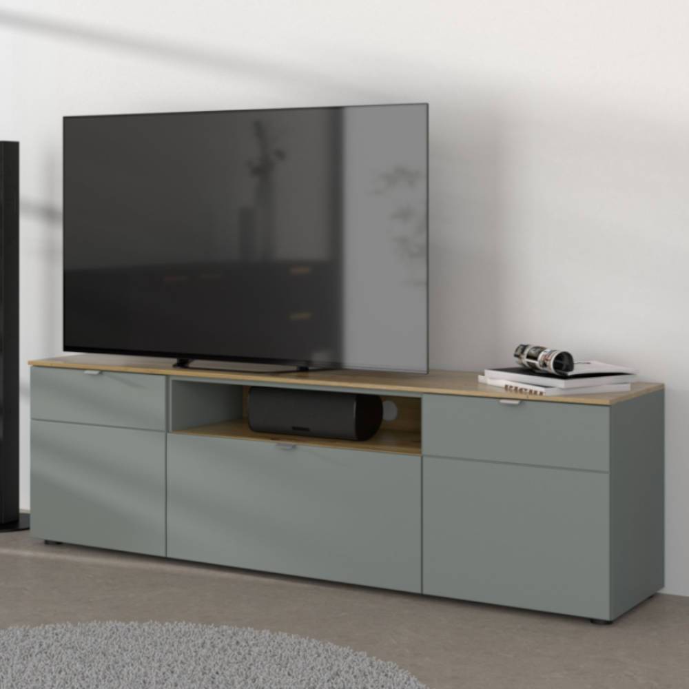 TV Lowboard Sua in Graugrün mit einem offenen Gerätefach