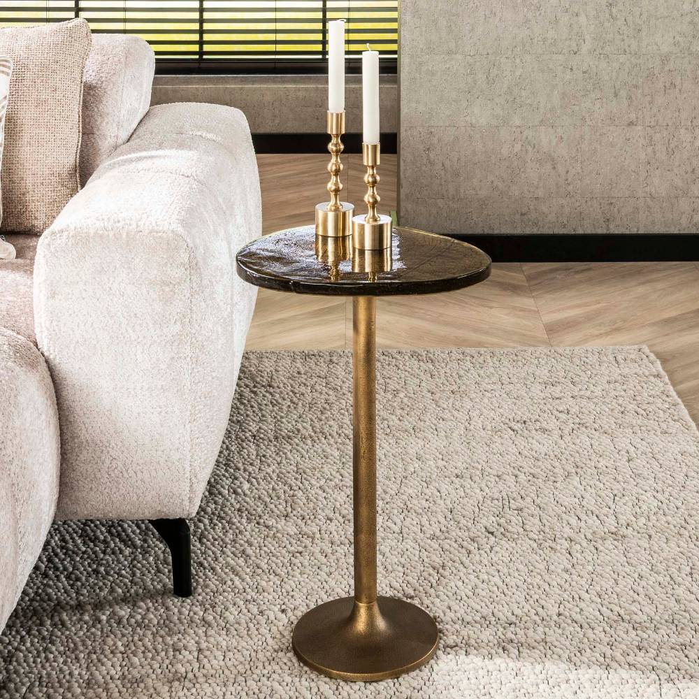 Beitisch Feliz in Altgoldfarben mit Gussglas Platte