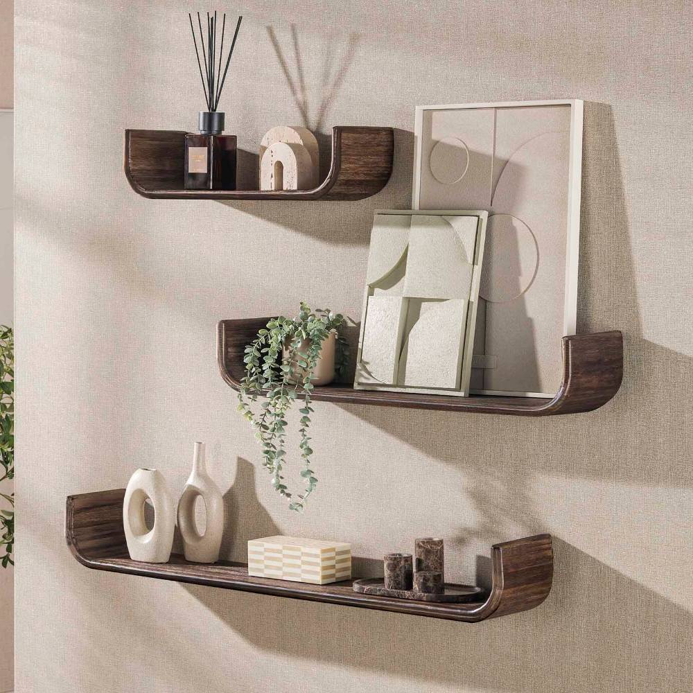 Wandregale Figureras in U-Form aus Teak Massivholz (dreiteilig)