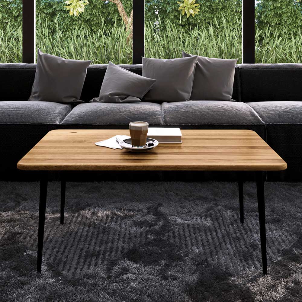 Wohnzimmer Tisch Clantica aus Wildeiche Massivholz und Stahl