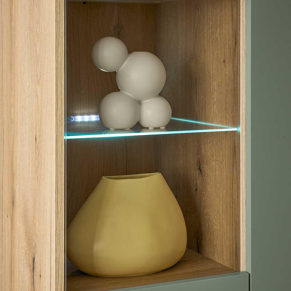 Esszimmer Highboard Lora in Graugrün und Wildeichefarben