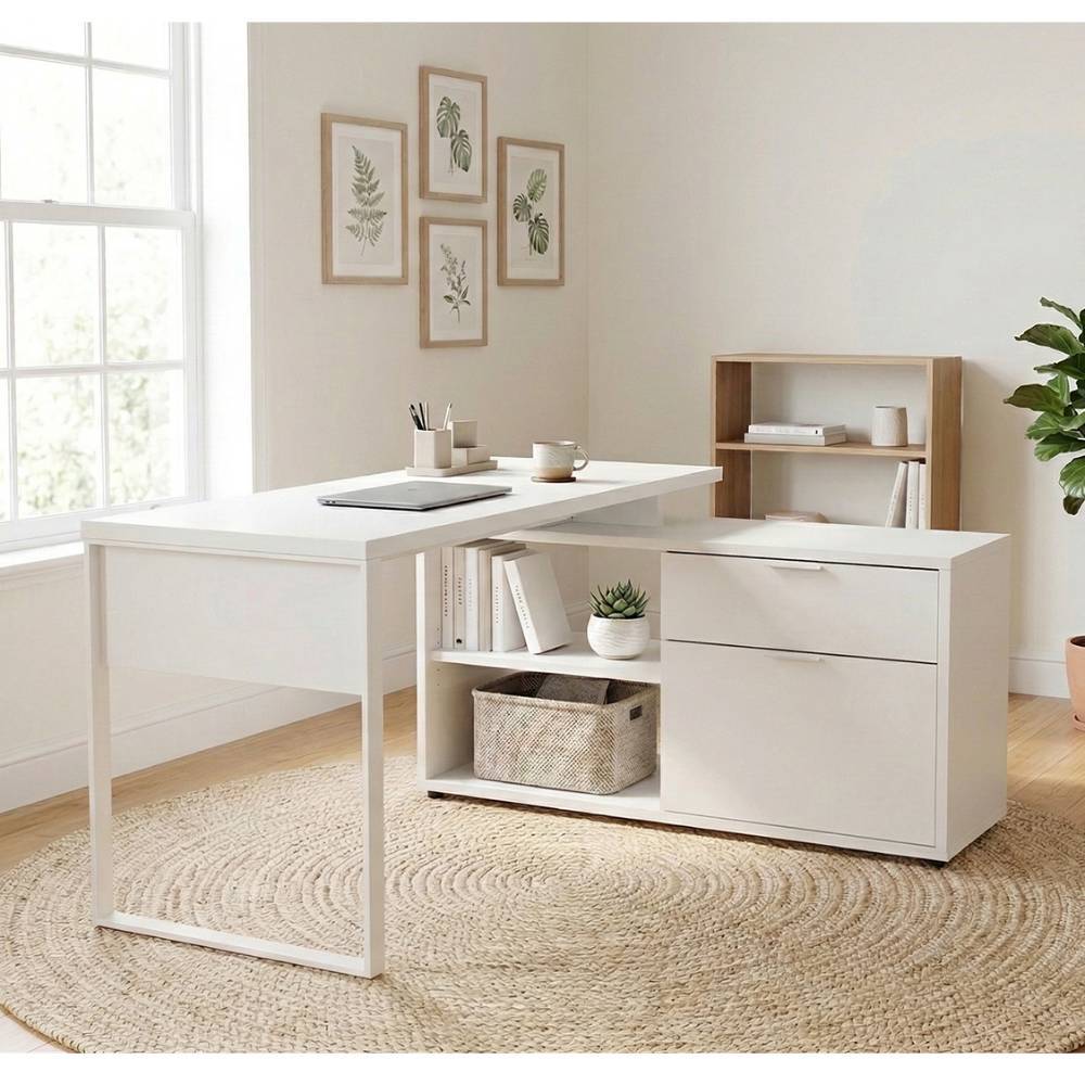 Büroschreibtisch Loyrna in Weiß mit Seitenregalen