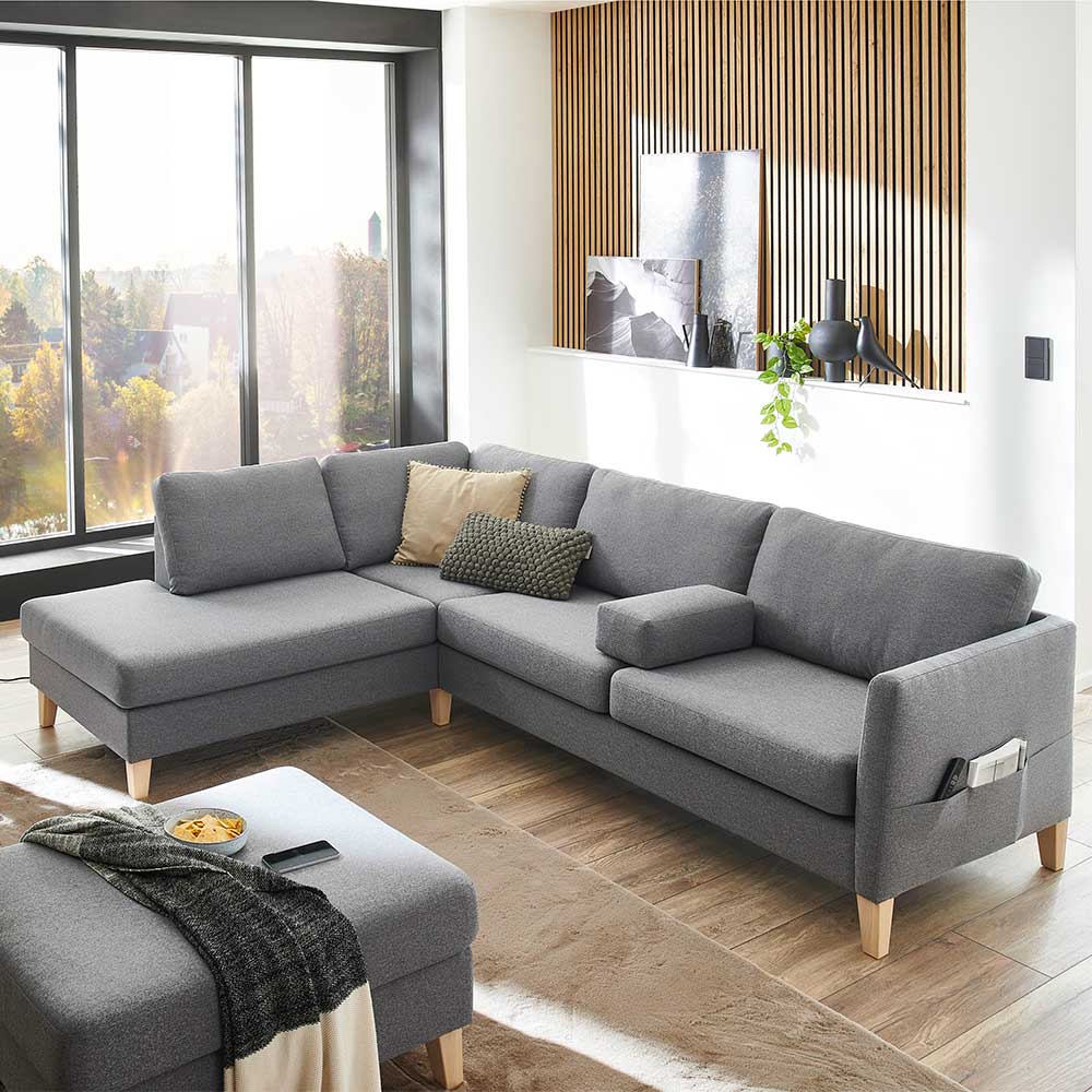 Skandi Design Sofaecke Bastia in Grau mit Fußgestell aus Holz