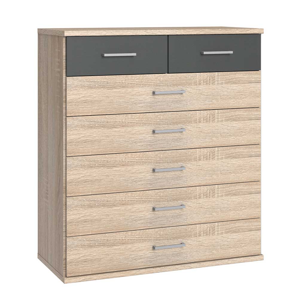 Moderne Wäschekommode Nurana in Eiche Sägerau und Dunkelgrau