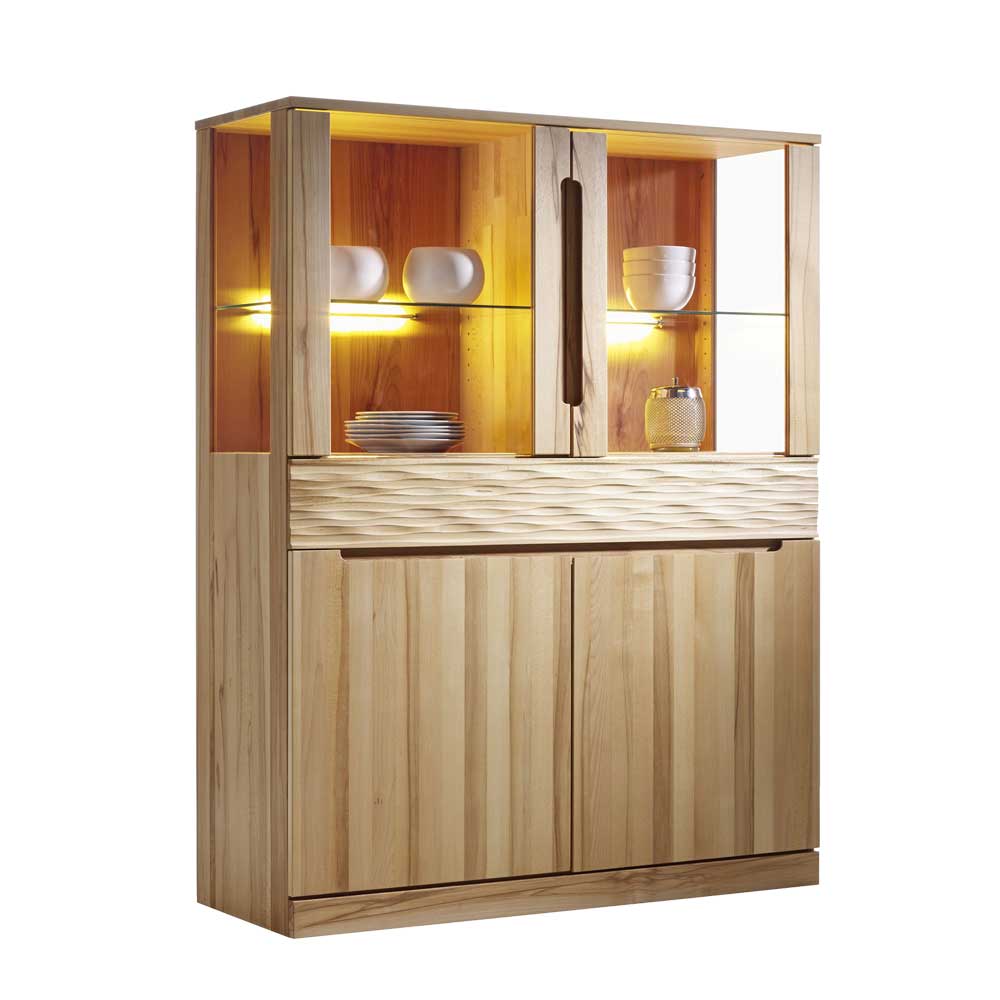 Massivholz Highboard Suvanica aus Kernbuche mit Beleuchtung
